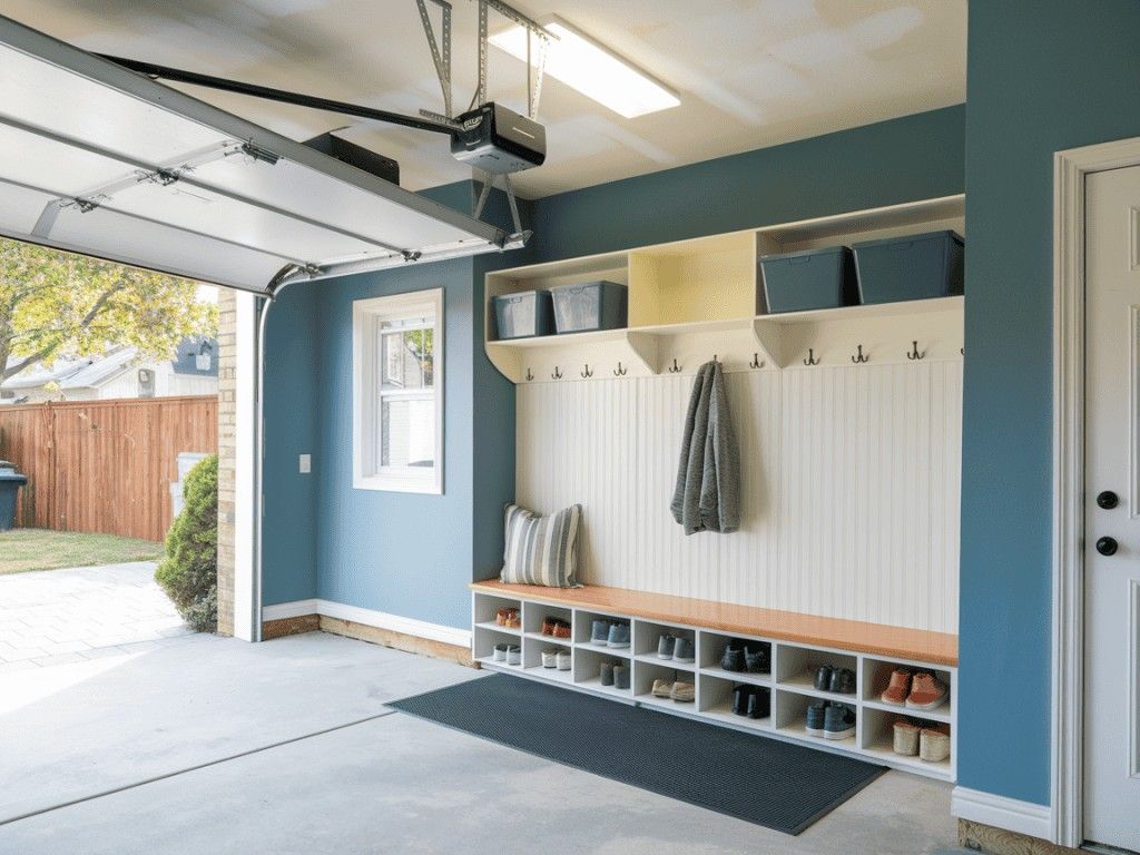 Modern garage mud room with light blue walls, a custom white bench, shoe cubbies, coat hooks, and overhead shelves with blue storage bins.