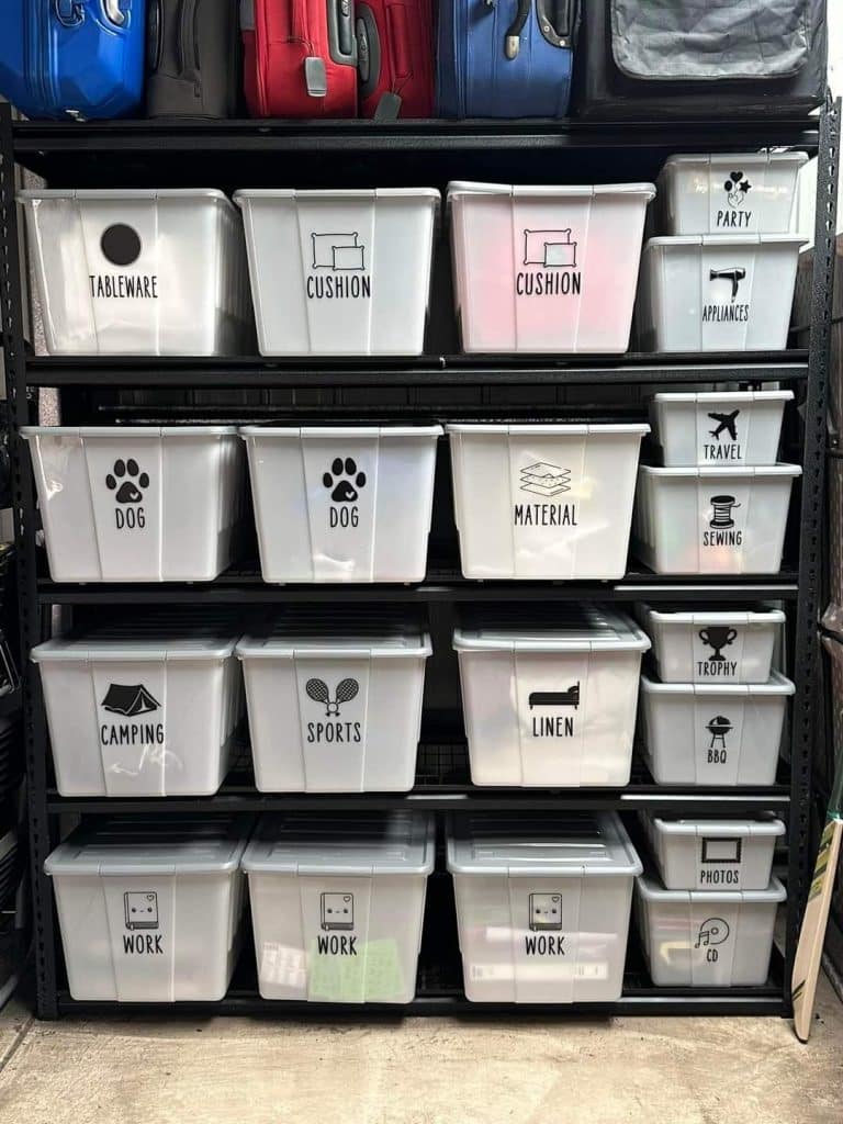 Black metal shelving unit holding rows of matching white opaque storage bins labelled with categories like TABLEWARE, SPORTS, DOG, and LINEN.