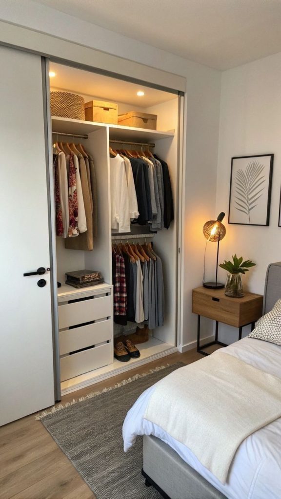 Built-in white wardrobe with sliding doors open, featuring warm integrated lighting, double hanging rods, drawers, and wooden hangers.