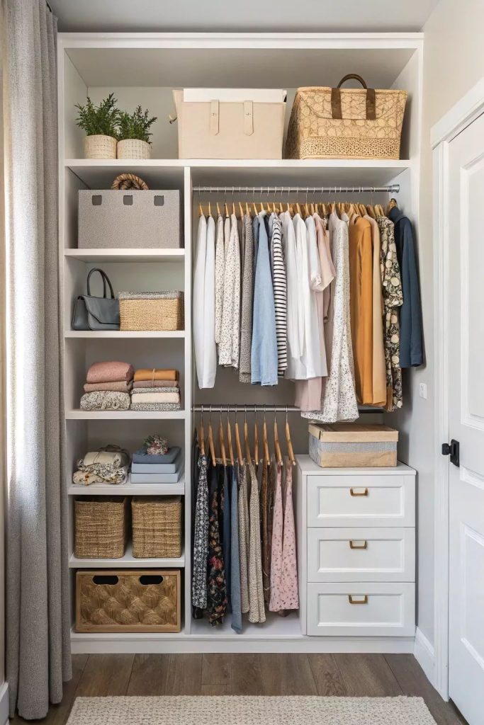 White built-in closet with double hanging rods using wood hangers, deep drawers, woven baskets, and styling items like a plant and framed art.