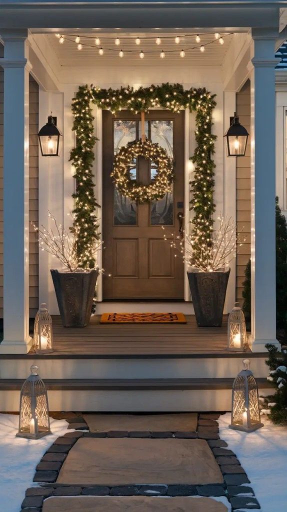 Nighttime photo of a wooden front door framed by light-wrapped garland and two large planters holding light-up white branch arrangements, with large white lanterns lining the steps.