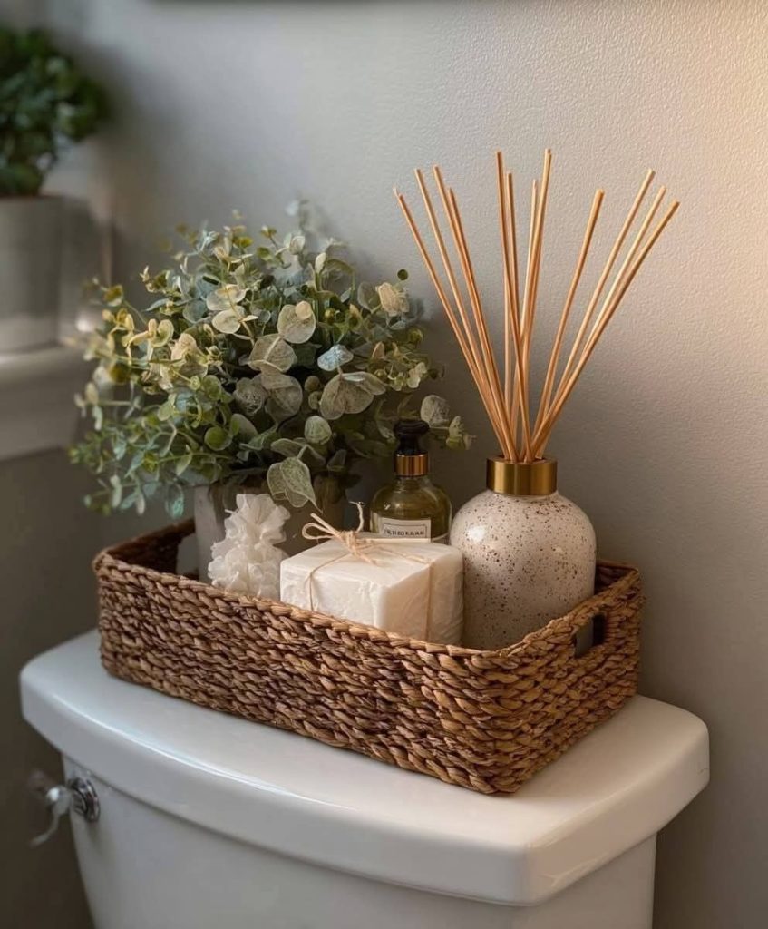 Close-up of a woven natural fiber basket on a toilet cistern, holding a potted plant, soap dispenser, and a reed diffuser, creating a spa-like feel.