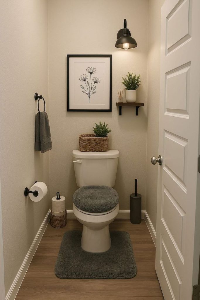 Monochromatic gray and white small bathroom with a woven basket and small plant on the toilet cistern, matching bath mat, and toilet seat cover.