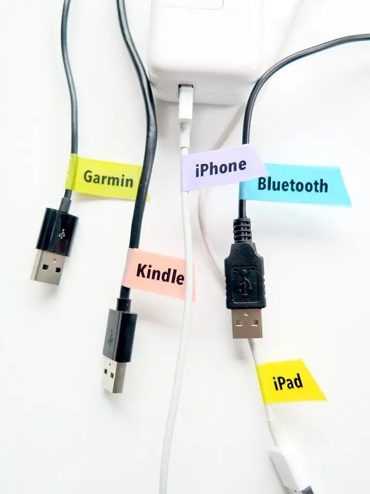 Four white and black USB cables on a white background, each with a different colored paper flag label indicating "Garmin," "Kindle," "iPhone," and "Bluetooth."