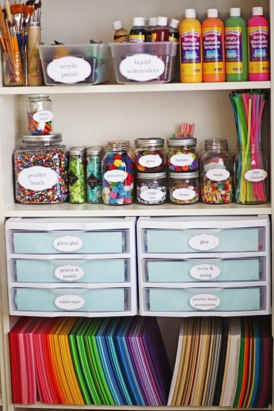 Organized white shelving unit featuring labeled jars of beads and plastic drawers for washi tape.