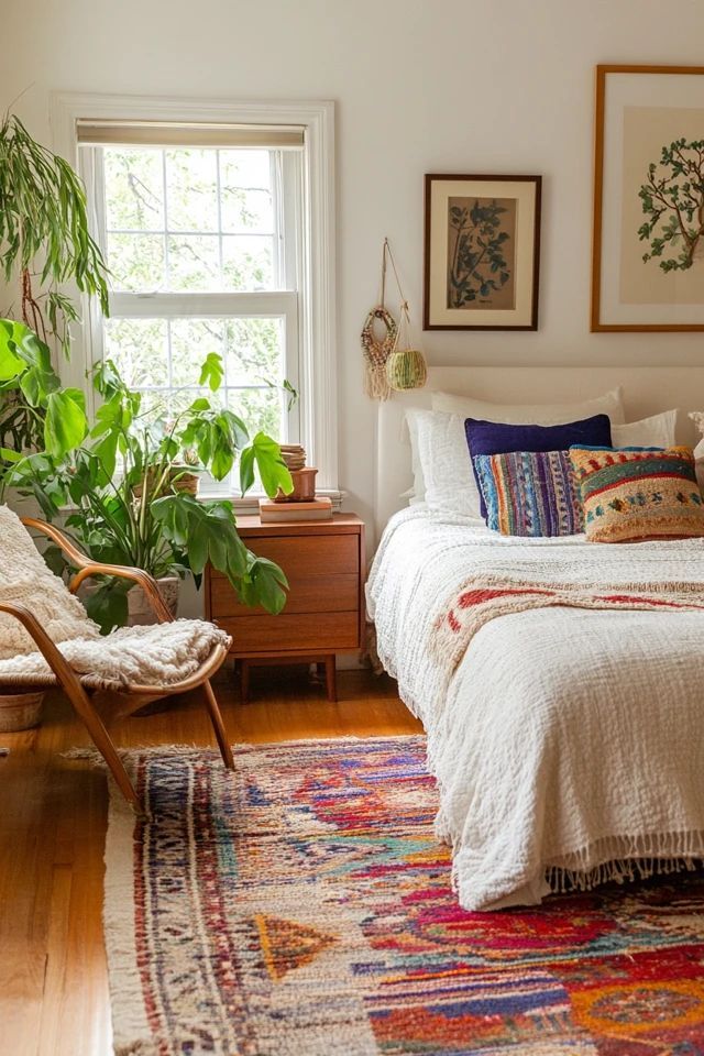 Vibrant boho bedroom with a colorful vintage-style rug, mixed pattern throw pillows, rattan chair, and large monstera plant