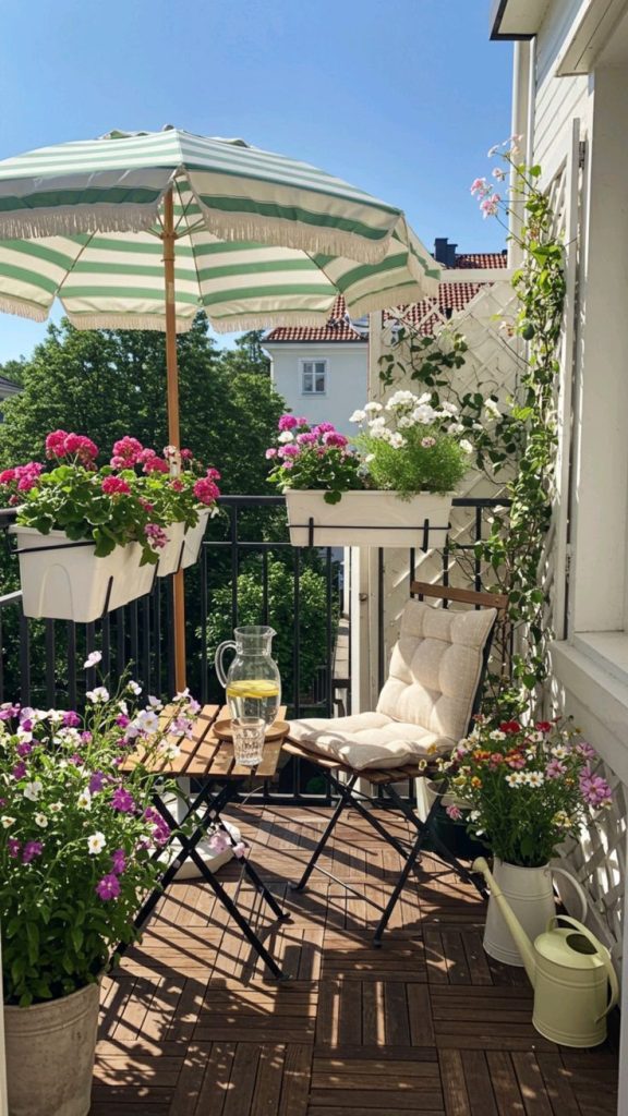 Small sunny balcony with railing flower boxes, striped umbrella, bistro folding table and chair surrounded by colorful flowers