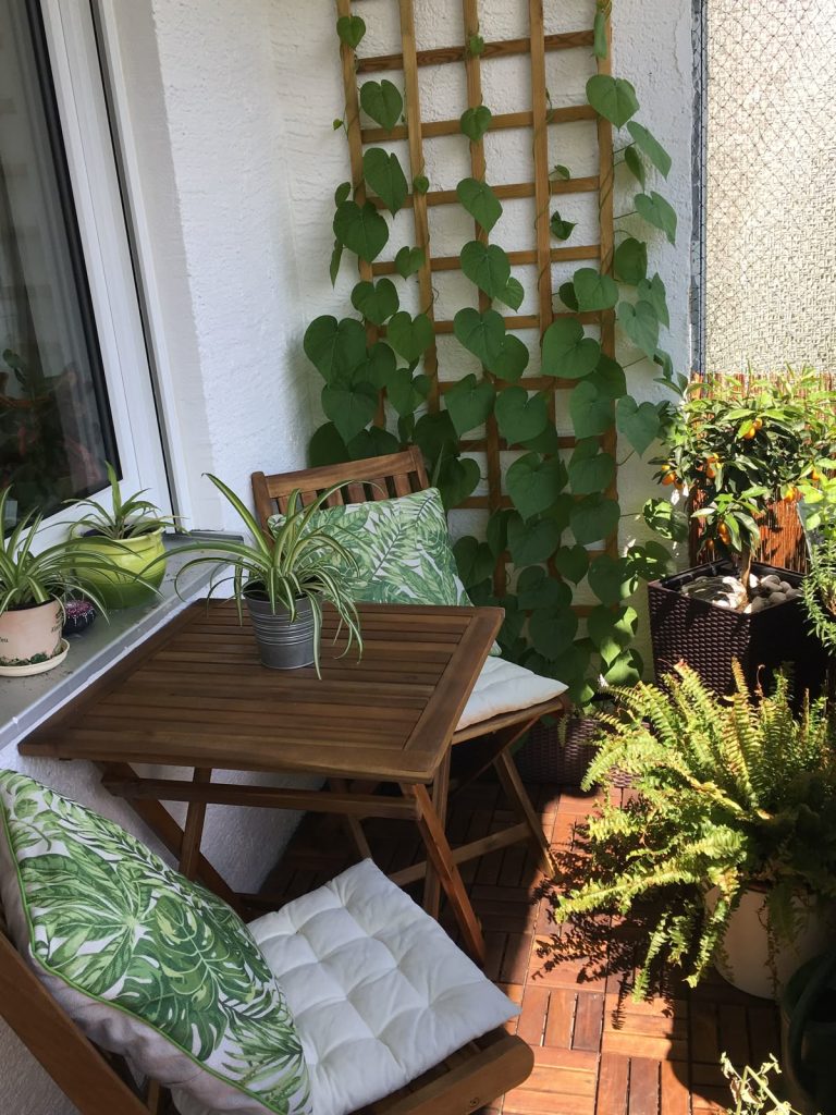 Small balcony with wooden bistro table, trellis with climbing vines, and tropical leaf cushions
