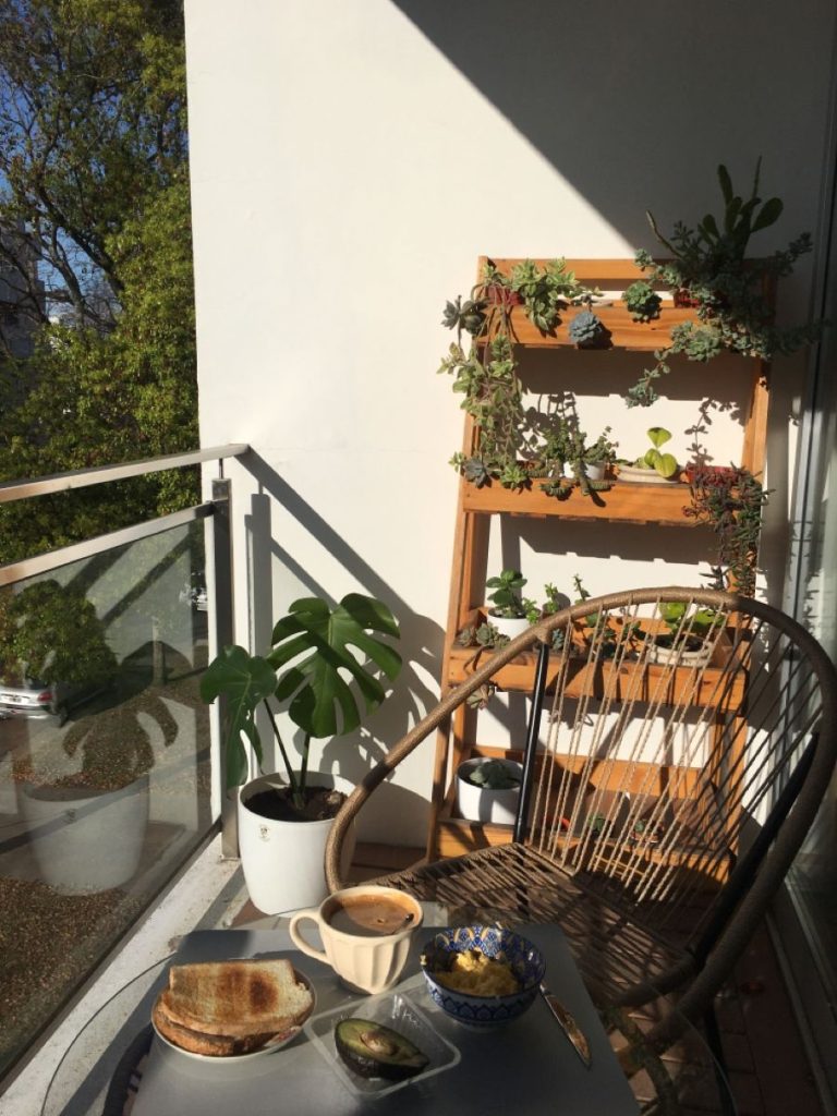 Small sunny balcony with wooden ladder shelf full of succulents, rattan chair, monstera plant and breakfast tray on table