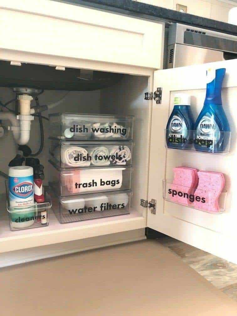 Under kitchen sink with four stacked clear labeled drawers on the left reading dish washing, dish towels, trash bags and water filters, and a pocket organizer on the inside of the door holding dish soap bottles and sponges
