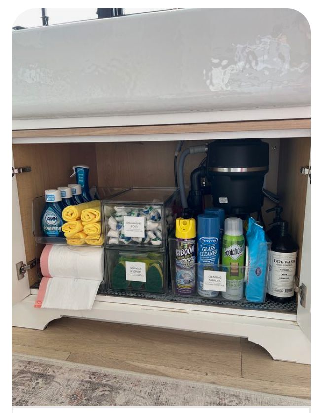 Under kitchen sink with a garbage disposal and a flat mat liner, clear acrylic bins on the left labeled sponges and scrubs and dishwasher pods, and a row of cleaning sprays and aerosols standing upright on the right side