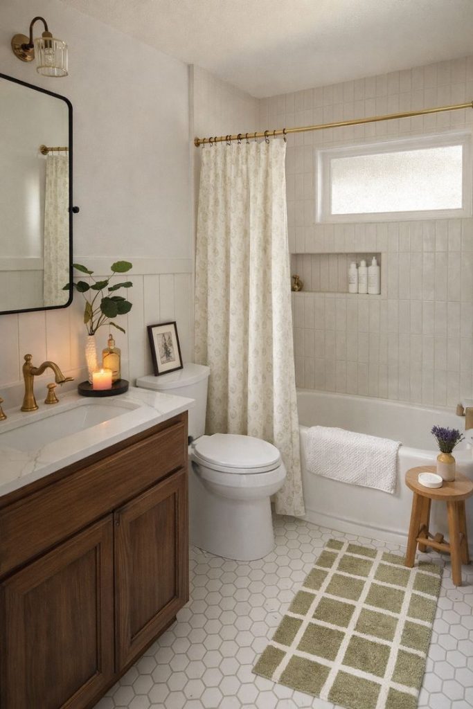 Warm and simple guest bathroom with a walnut timber vanity, marble countertop, brass faucet and shower rail, black-framed rectangular mirror, small gold wall sconce, white honeycomb floor tiles with a green grid bath mat, a floral printed shower curtain over a bathtub, and a small wooden side table with lavender stems.