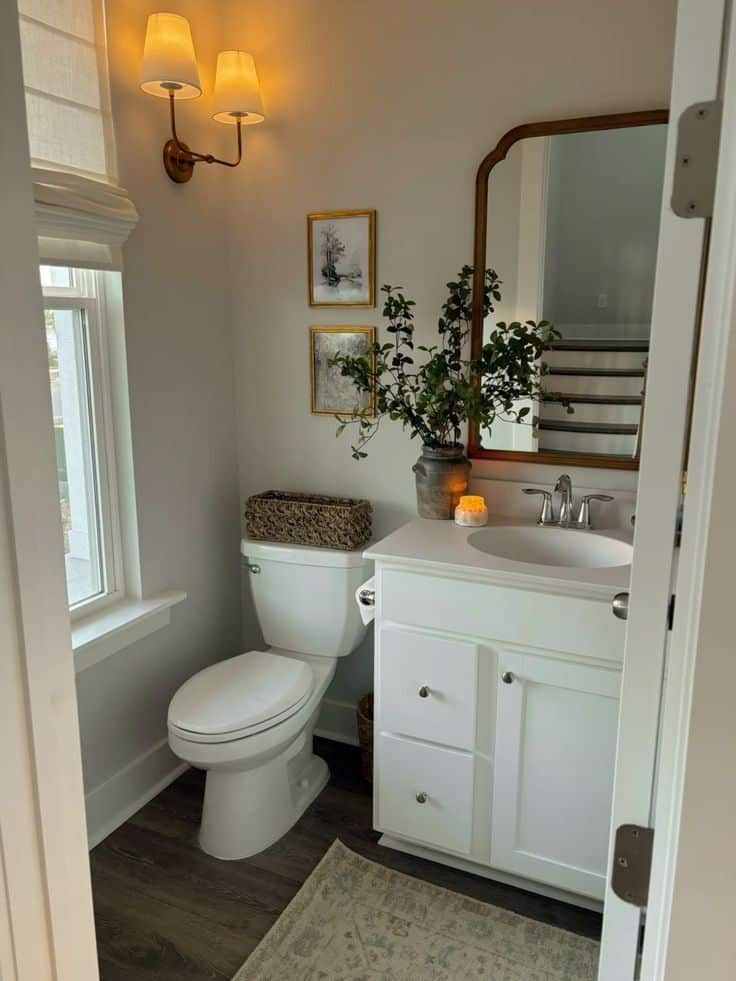 Small but charming guest bathroom with light grey walls, a white vanity, an ornate gold-framed mirror, warm brass double wall sconce with cream lamp shades, a tall leafy green plant in an aged metal pot on the vanity, two small gold-framed black and white prints, a woven basket on the toilet tank, and a vintage-style runner rug on dark wood-look floors.