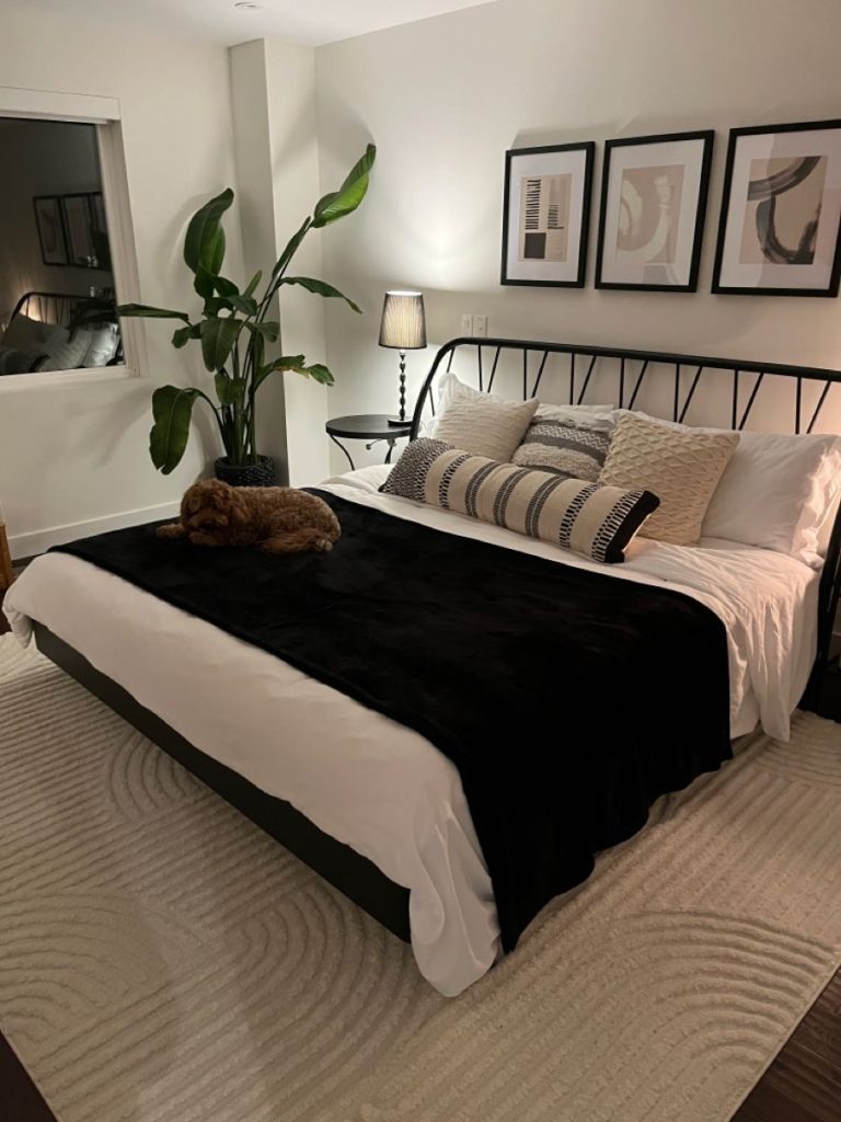 Minimalist bedroom with black iron bed, white and black bedding, bird of paradise plant, abstract gallery wall of three framed prints, and organic swirl area rug