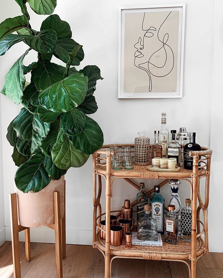 Natural rattan two-tier bar cart styled with clear glassware, copper mule cups, and amber candles beside a large fiddle-leaf fig plant and a framed line art face print
