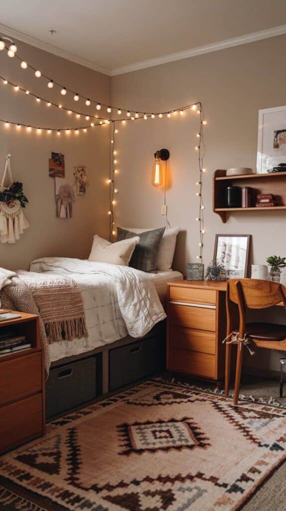 Boho dorm room corner with string lights, a wall sconce, and a patterned area rug