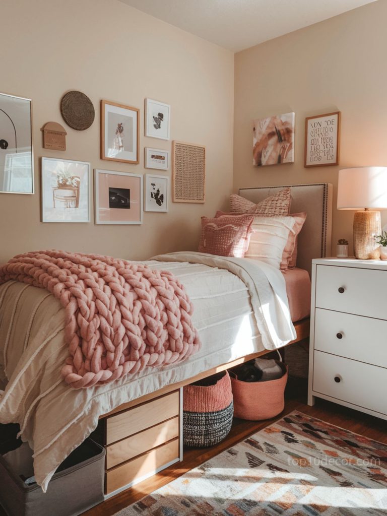 Pink dorm room with peach walls, a chunky knit throw, and a mixed art gallery wall
