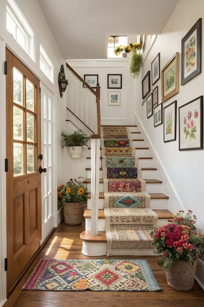 Patchwork stair runner with floral gallery wall at top of staircase