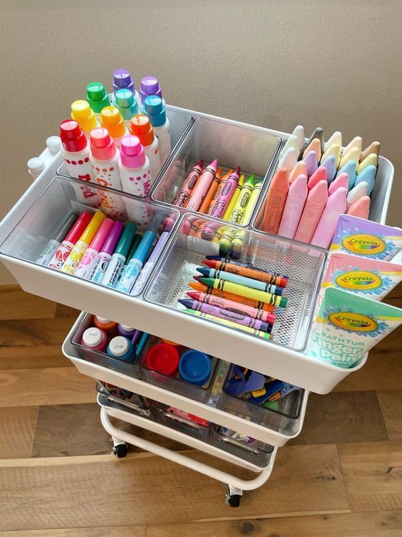 Rolling cart organizing kids art supplies like crayons and paint