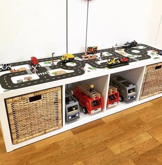 Toy storage bench with road map play mat top and woven baskets