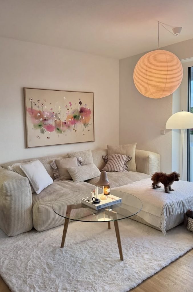 Living room with a cream corduroy sectional, large framed floral abstract painting, paper globe pendant light, round glass coffee table, and a white shag rug.