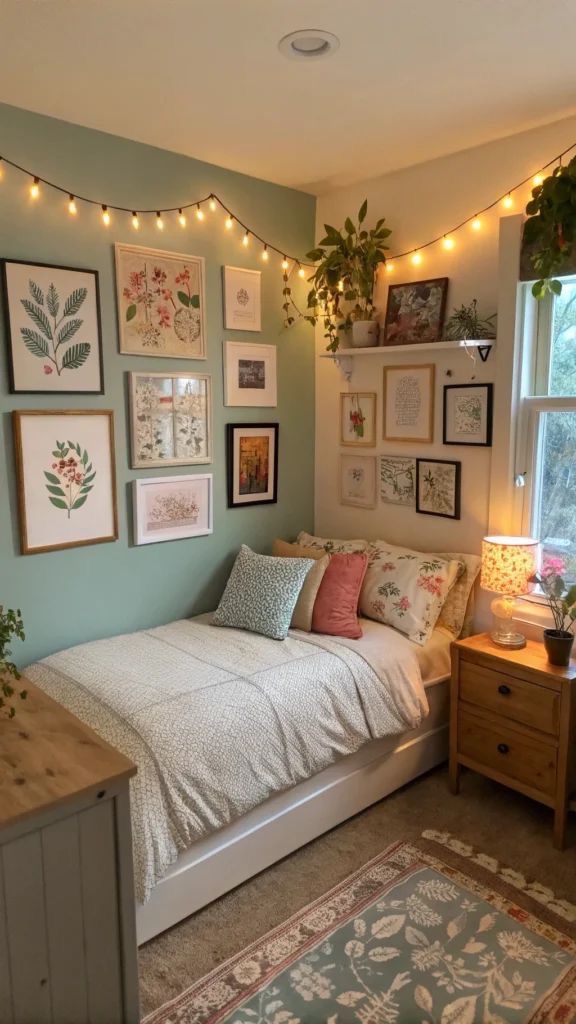 A sage green wall holds a botanical print gallery beneath a string of warm lights above a twin bed with floral pillows.