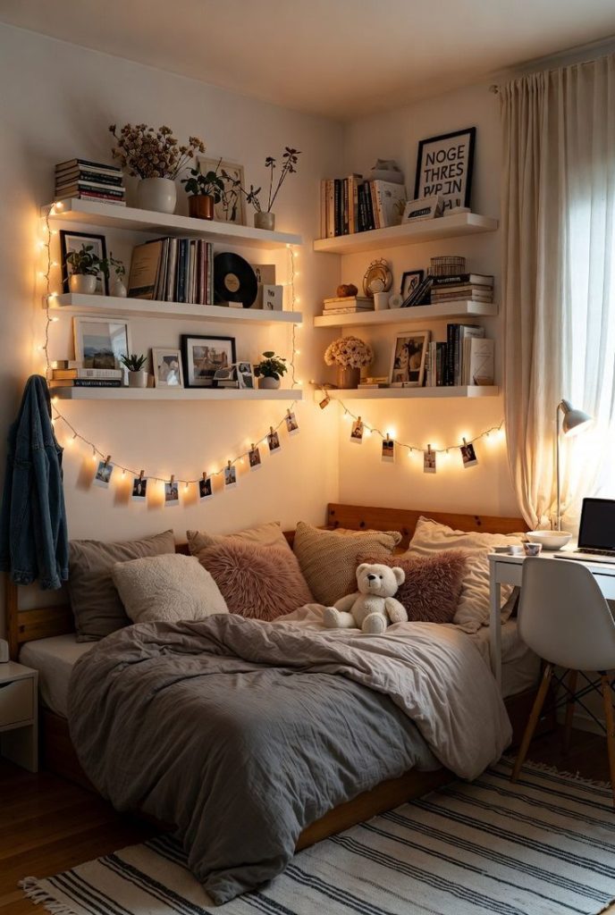Corner shelves filled with books, plants, and frames are wrapped in string lights above a cozy bed with a teddy bear.