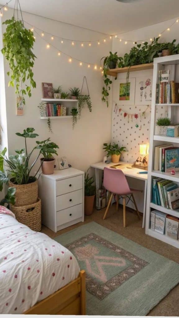 A corner filled with potted plants and trailing vines surrounds a small desk with a pink chair and ladder shelving.