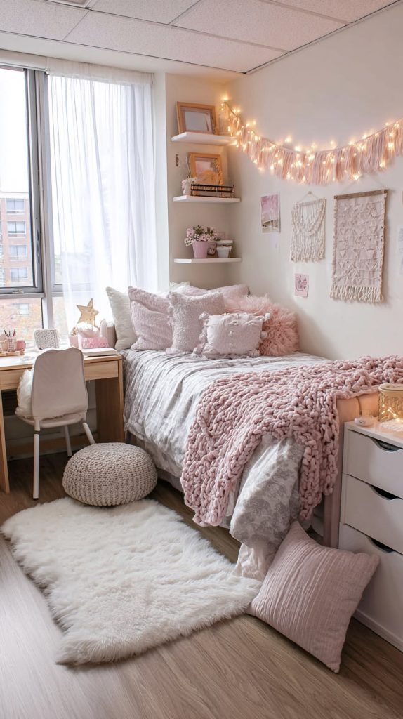 A white faux fur rug layers over the floor beside a bed piled with pink pillows and a chunky knit blanket.