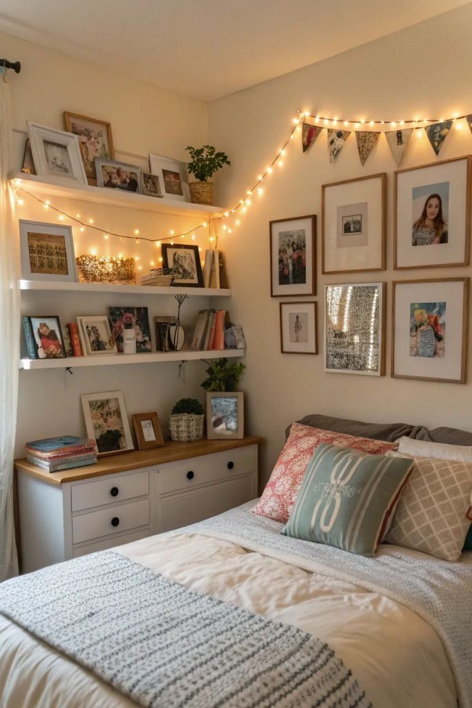 A pennant banner strung with string lights hangs above floating shelves filled with frames and photos.