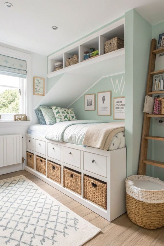 A built in daybed with drawers and woven baskets fits neatly into a mint green alcove with cubby shelving above.