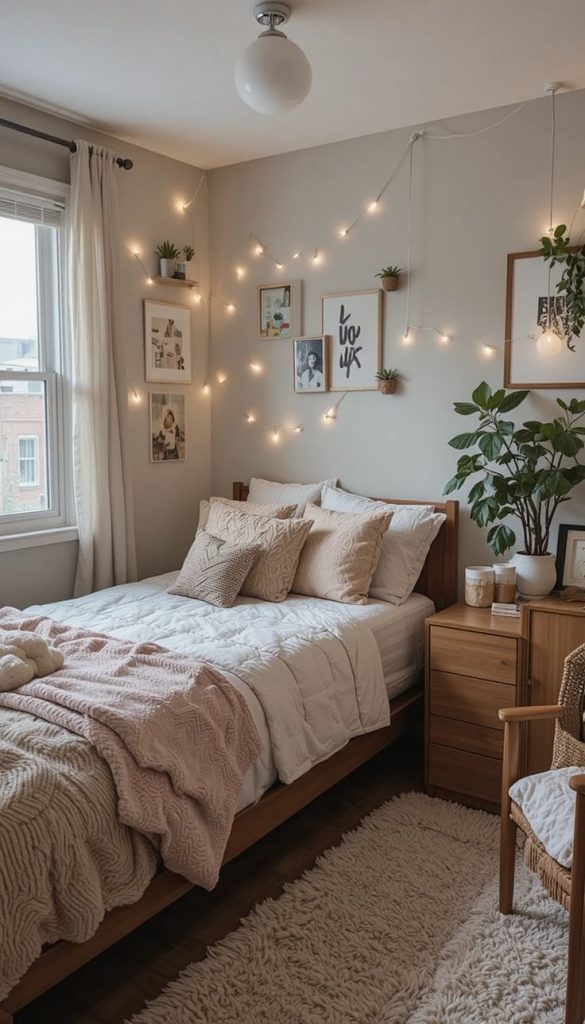 String lights swoop loosely across a gray wall above a bed layered with cream and blush pink textiles.