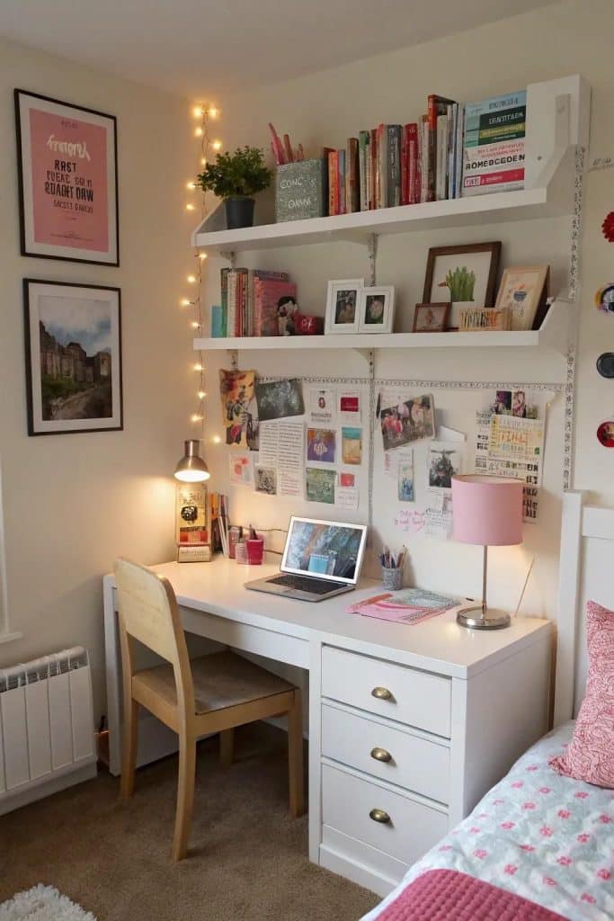 A cream pin board covered in photos, notes, and ticket stubs sits above a white desk with a laptop and pink lamp.