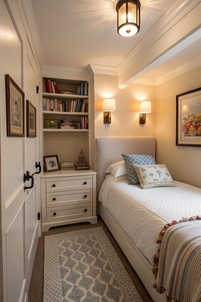 A tan upholstered headboard sits between built in bookshelves, flanked by matching wall sconces.