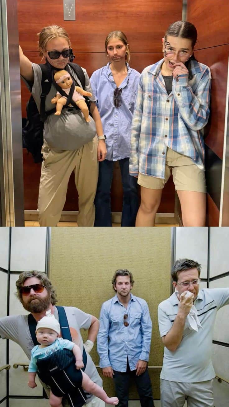 Three people recreating Alan, Phil and Stu from The Hangover, one wearing a baby carrier with a doll, styled to look disheveled.